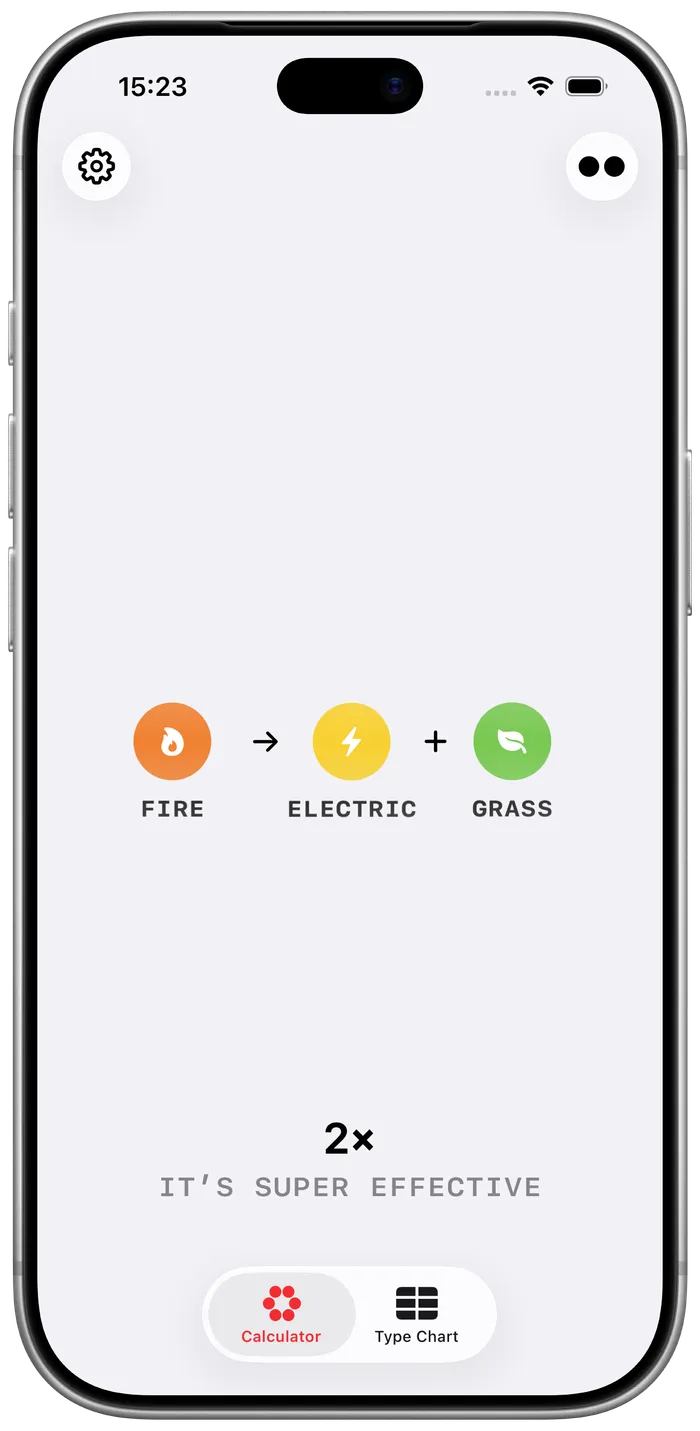 Aether showing Fire and Electric against Grass, rated 2× super effective, with the type wheel down the right edge