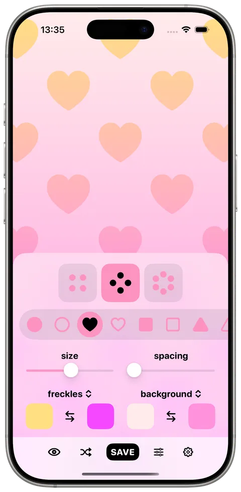A pink heart-pattern wallpaper, with the shape picker and size and spacing sliders open