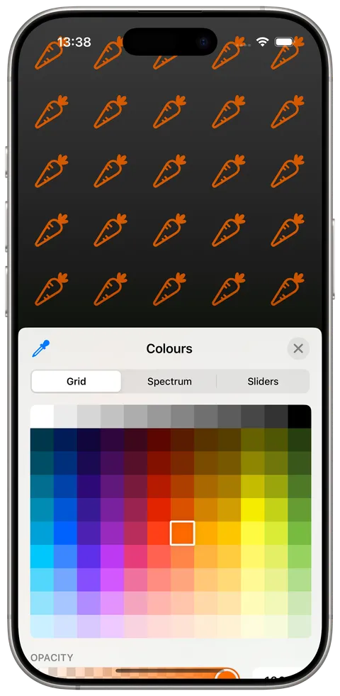Orange carrot symbols on a dark background, with the colour picker open