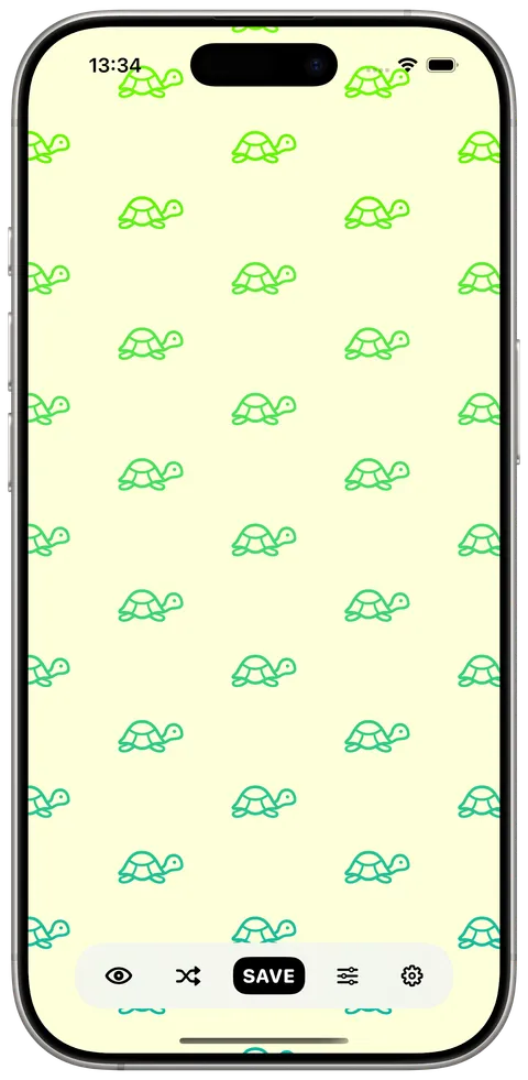 Green turtle symbols on pale yellow, with the controls bar along the bottom