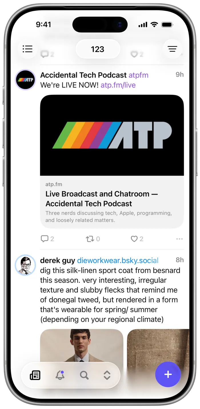 Indigo’s unified timeline showing Bluesky and Mastodon posts together