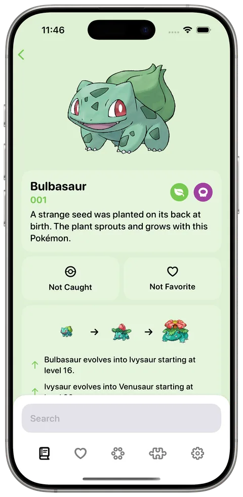 The Bulbasaur entry, with artwork, description, caught and favourite buttons, and its evolution chain