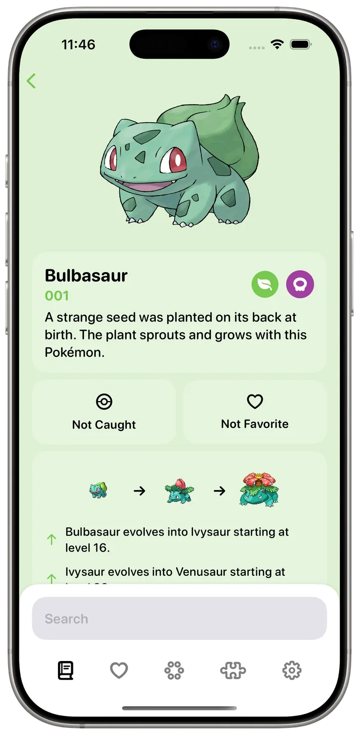Ketchup’s entry for Bulbasaur on a mint green screen, with its description, caught and favourite buttons, and evolution chain