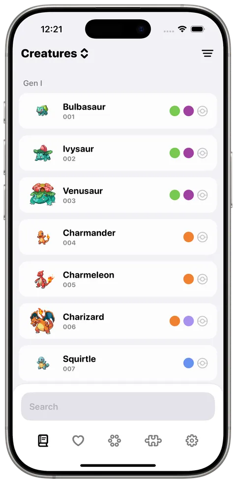 The Creatures list for generation one, with dots showing caught and shiny status