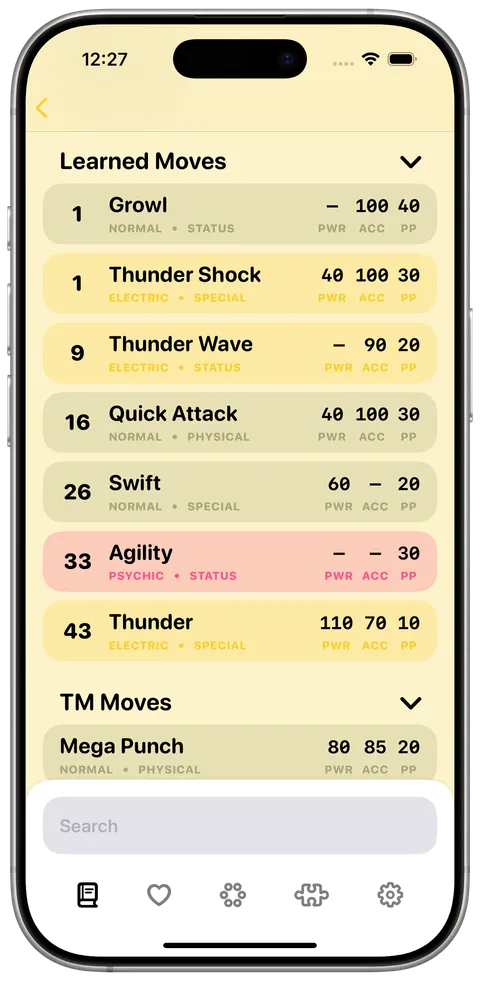 Learned moves listed with power, accuracy and PP
