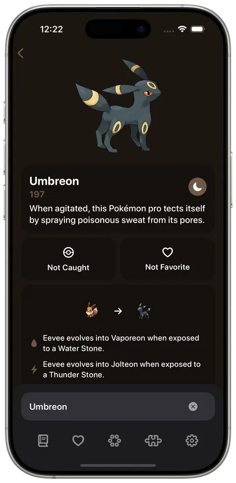 The Umbreon entry in dark mode, with the Eevee evolution tree