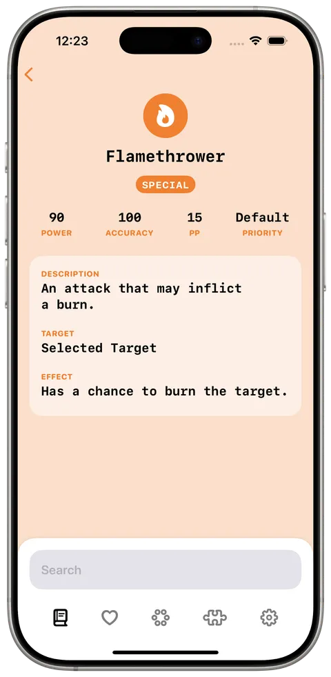 The Flamethrower move, with its power, accuracy, PP, priority, description and effect