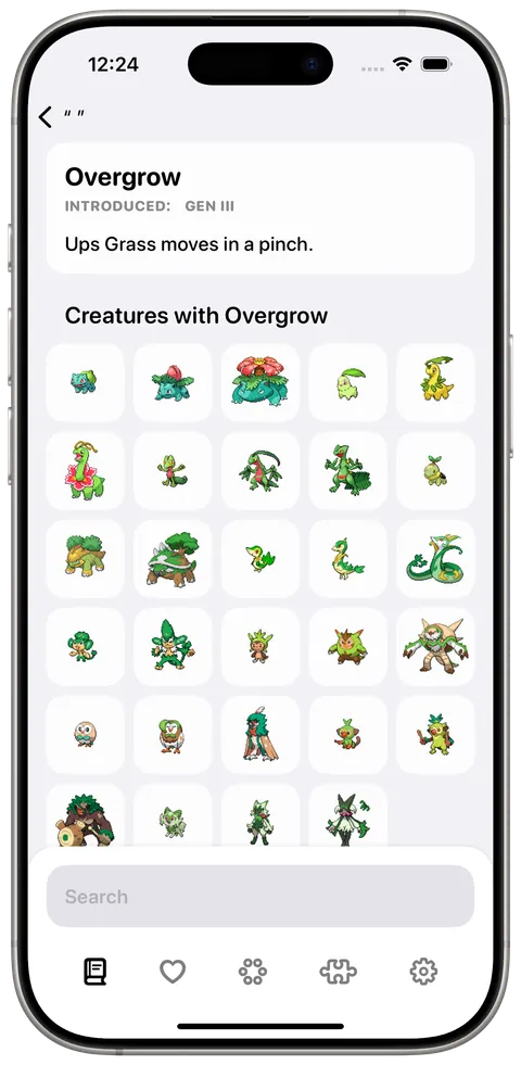 The Overgrow ability, with the creatures that have it